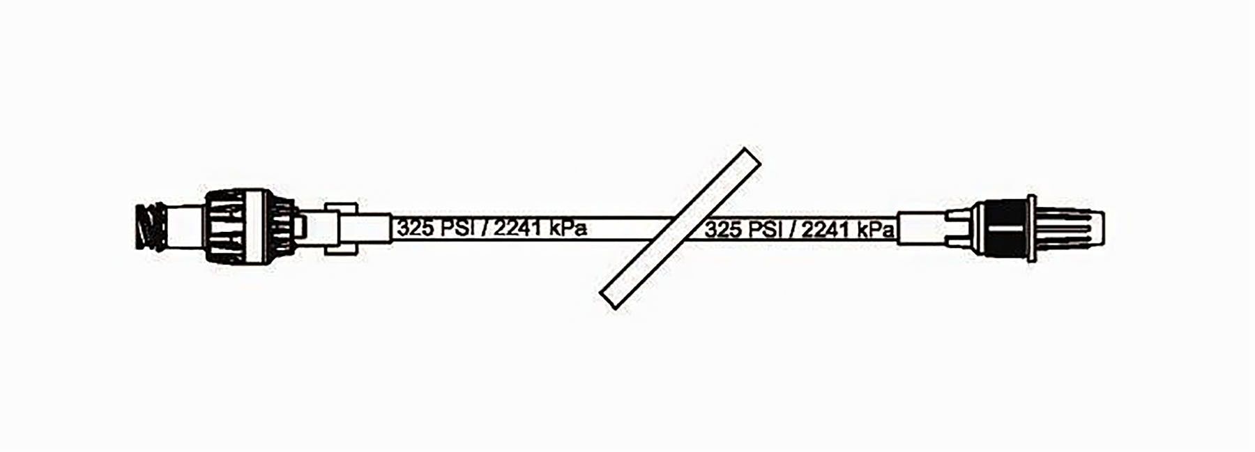 A medical intravenous catheter tubing lies horizontally; its ends feature connectors. A separate segment crosses it.