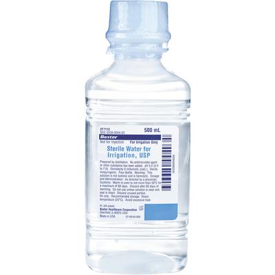 A 500 mL bottle of Baxter Sterile Water for Irrigation, USP sits upright. It's for irrigation only, not injection. The label includes preparation, storage, and usage instructions.