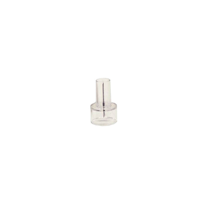 A clear plastic connector sits upright against a white background. A small, thin, central pin is visible within the connector.