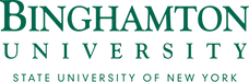 Text displays the words "BINGHAMTON UNIVERSITY" in a dark teal, distressed font on a black background.