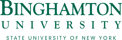 Text displays the words "BINGHAMTON UNIVERSITY" in a dark teal, distressed font on a black background.