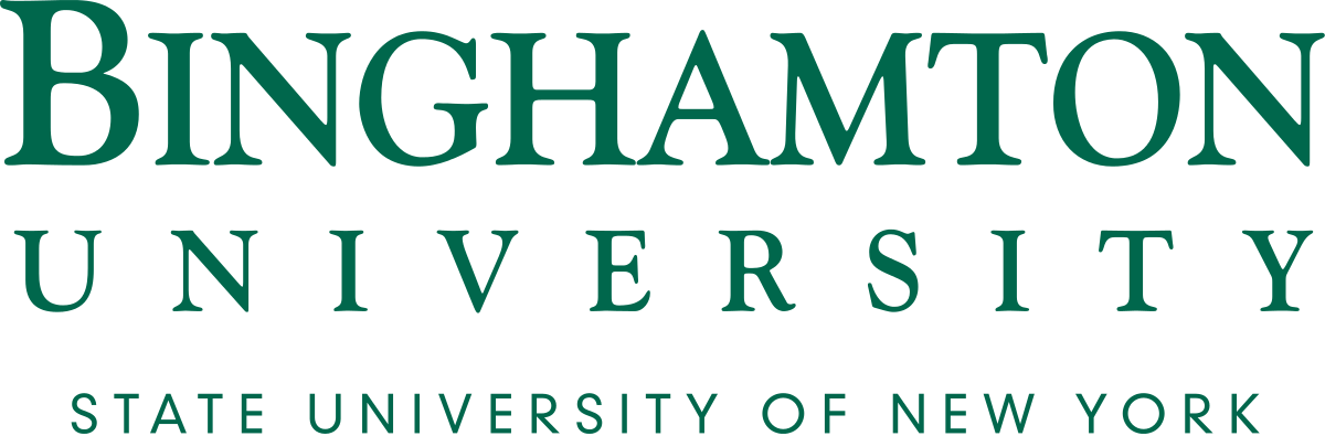 The text “BINGHAMTON UNIVERSITY” stacked above “STATE UNIVERSITY OF NEW YORK” is presented in a teal serif typeface against a black background.