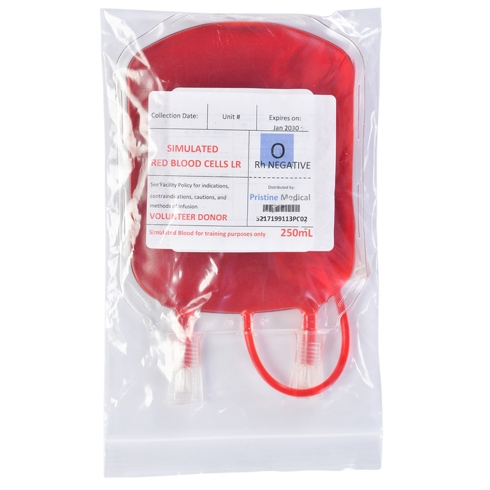 A simulated blood bag, containing 250 mL of simulated red blood cells (O Rh Negative), is packaged for training purposes. The bag is sealed in plastic.
