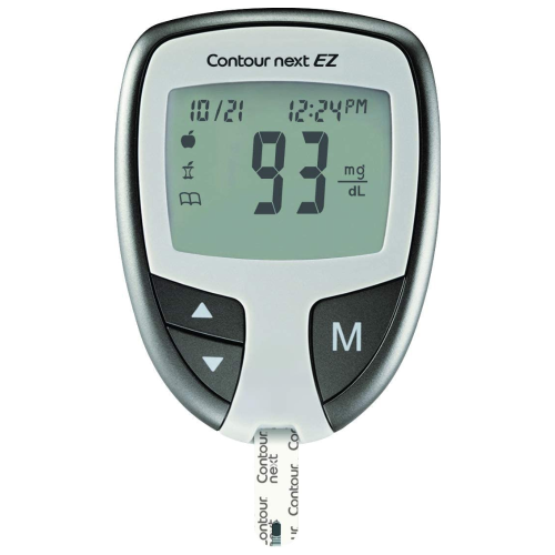 A Contour next EZ blood glucose meter displays a reading of 93 mg/dL at 12:24 PM on October 21st against a white background.