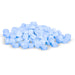 Light blue pills are piled on a white background.