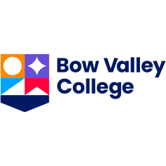 A logo displays the words "Bow Valley College" in a dark blue sans-serif font on a dark blue rectangular background. A smaller graphic of multicolored geometric shapes is positioned to the left.