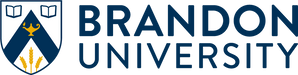 A university logo displays; a dark-blue heraldic shield with books, a lamp, and wheat alongside the words "BRANDON UNIVERSITY" in dark blue.