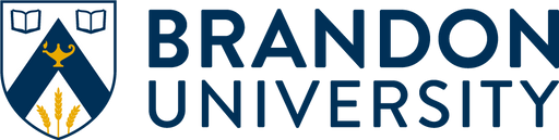 A university logo displays; a dark-blue heraldic shield with books, a lamp, and wheat alongside the words "BRANDON UNIVERSITY" in dark blue.