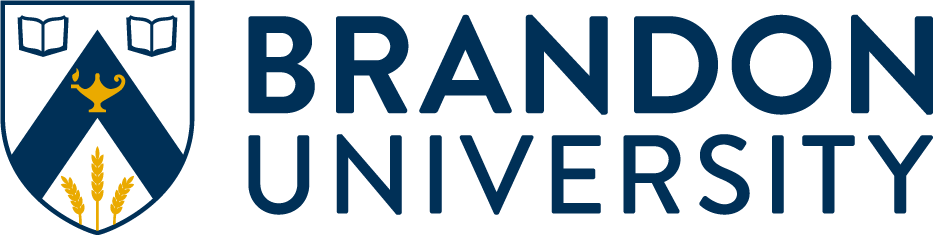 A university logo displays; a dark-blue heraldic shield with books, a lamp, and wheat alongside the words "BRANDON UNIVERSITY" in dark blue.