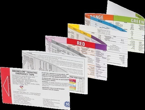 Color-coded Broselow tape charts display pediatric emergency information; they are fanned out, ready for use; likely in a medical setting.