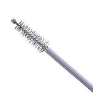 A small brush with a light gray plastic handle extends to the right. The brush bristles are tightly clustered and appear to be cleaning something. It is isolated on a white background.