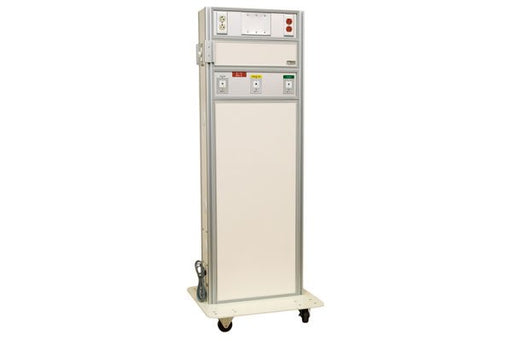 A tall, mobile medical unit stands on wheels. It features a control panel and a large, blank panel, likely for display or operation. The unit is in a clean, simple setting.