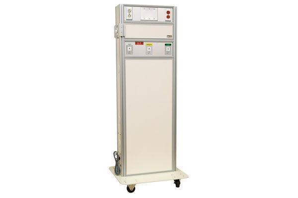 A tall, mobile medical unit stands on wheels. It features a control panel and a large, blank panel, likely for display or operation. The unit is in a clean, simple setting.