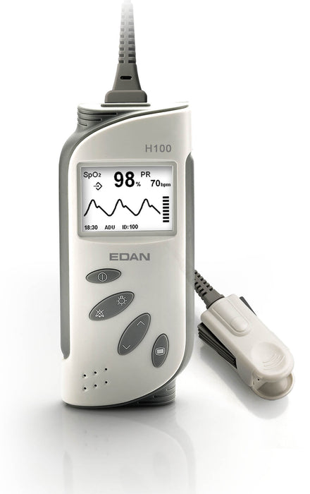 A pulse oximeter displays SpO2 98% and PR 70 bpm on its screen; it is connected to a finger sensor; the device is white and gray. H100. EDAN. 18:30 ADU ID:100.