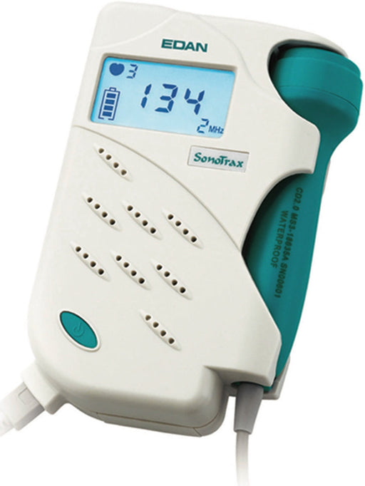 A handheld ultrasound device displays a heart rate of 134 bpm; the device is white with teal accents and shows a battery level of three bars.
