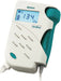 A handheld ultrasound device displays a heart rate of 134 bpm; the device is white with teal accents and shows a battery level of three bars.