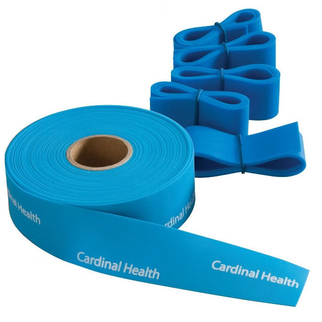 A roll of bright blue Cardinal Health therapeutic bands lies next to several pre-cut bands. They are displayed on a white background.
