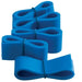 Blue plastic bands are stacked, tied together with green rubber bands, on a white background.