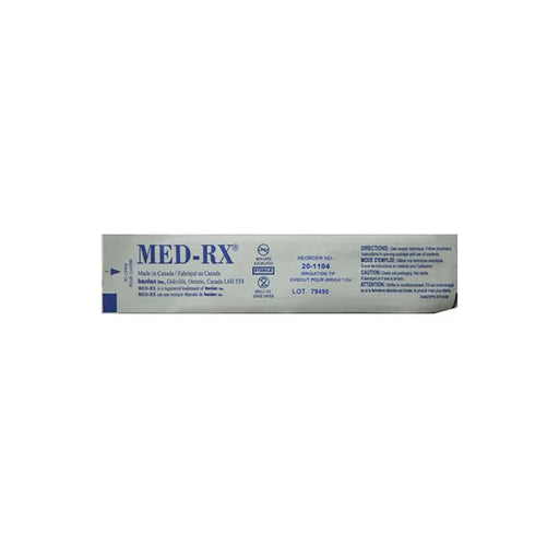 A Med-Rx irrigation tip label displays product information, including the reorder number (20-1104), lot number (79490), and manufacturing location (Oakville, Ontario, Canada).