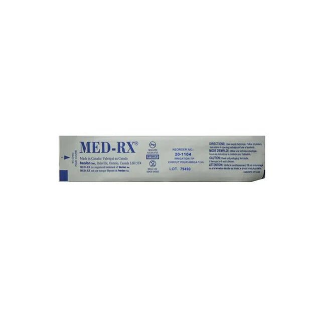 A Med-Rx irrigation tip label displays product information, including the reorder number (20-1104), lot number (79490), and manufacturing location (Oakville, Ontario, Canada).