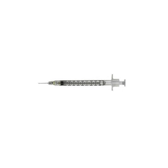 A transparent syringe rests on a white background. It is ready for use.