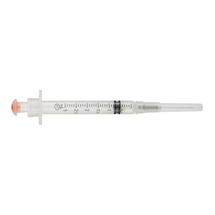 A 3ml plastic syringe lies horizontally against a white background. The syringe is empty.