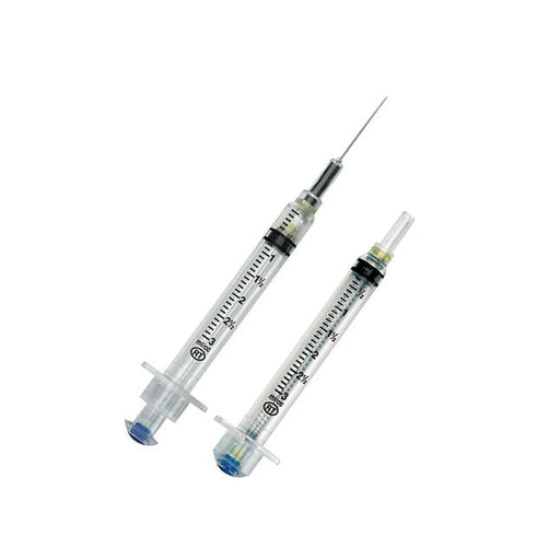 Two syringes lie on a white background; one is larger than the other. Both are clear plastic with black markings and blue plunger tips.