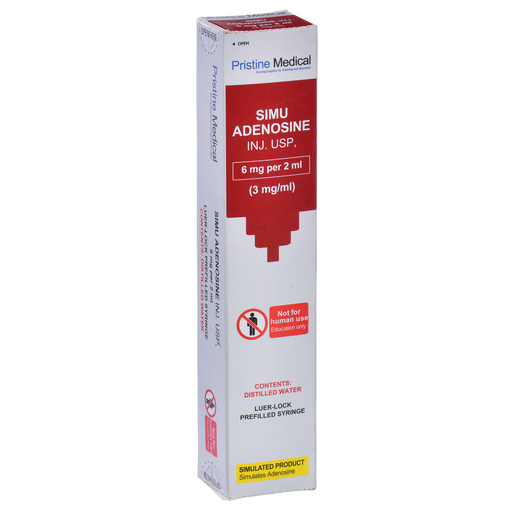 A prefilled syringe package stands upright. It contains simulated adenosine for educational purposes only. The box is predominantly white and red. The text includes "SIMU ADENOSINE INJ. USP," "6 mg per 2 ml (3 mg/ml)," "Not for human use Education only," and "SIMULATED PRODUCT Simulates Adenosine."