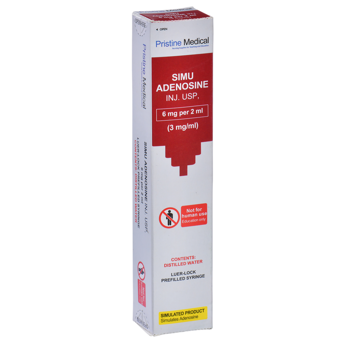 A prefilled syringe package stands upright. It contains simulated adenosine for educational purposes only. The box is predominantly white and red. The text includes "SIMU ADENOSINE INJ. USP," "6 mg per 2 ml (3 mg/ml)," "Not for human use Education only," and "SIMULATED PRODUCT Simulates Adenosine."