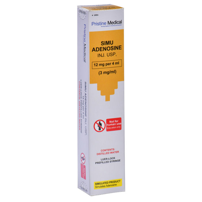 A simulated adenosine injection, packaged in a box, is for educational purposes only. The box displays the product name, concentration (12mg per 4ml, 3mg/ml), contents, and a warning against human use.