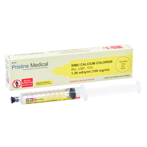 A 10ml prefilled syringe containing Simu Calcium Chloride injection, sits atop its box; for educational purposes only.
