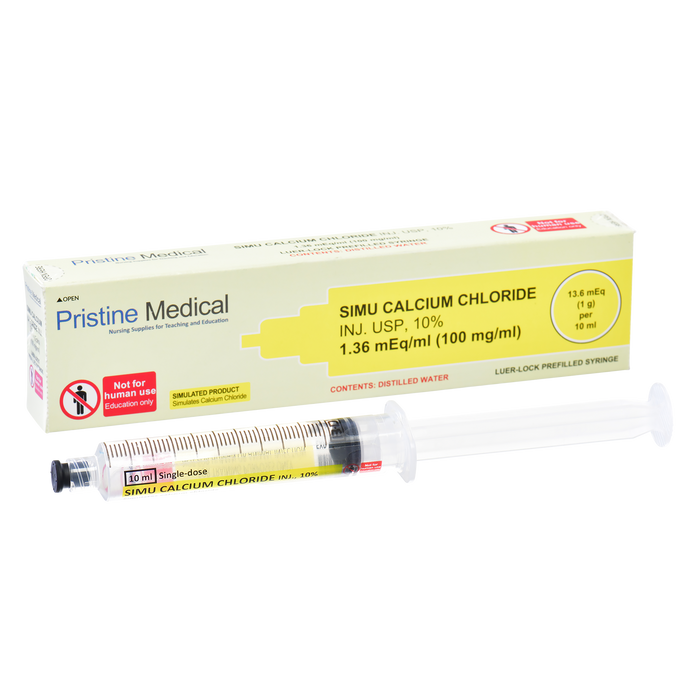 A 10ml prefilled syringe containing Simu Calcium Chloride injection, sits atop its box; for educational purposes only.