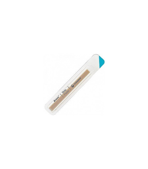 A brown Bravo™ Strip Paste is packaged in a clear plastic sleeve with teal accents. The sleeve also displays "Strip Paste" and "Coloplast".