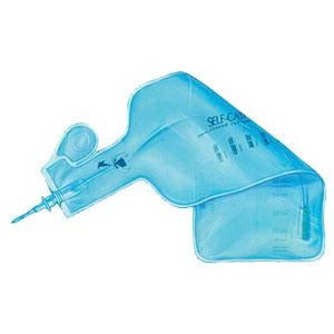 A light blue, flexible self-catheterization bag rests on a white background. It is partially inflated and features a narrow tube and a needle-like point. The bag is labeled "SELF-CATHETER".