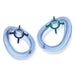 Two translucent, oval-shaped oxygen masks with central connectors and securing arms rest on a white surface.