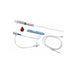 A medical intravenous (IV) catheter set, including tubing and needle, lies on a plain white background.