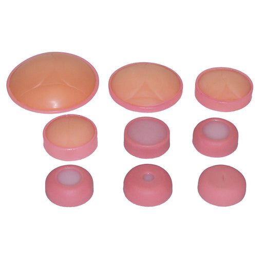 Nine pinkish-orange discs of varying sizes are arranged in three rows. They sit on a plain white background.