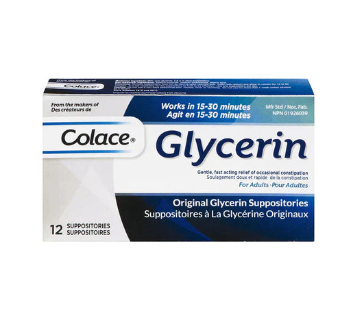 A box of Glycerin Suppositories sits on a plain white background. The box is predominantly blue and white, with "Creme" and "Glycerin" prominently displayed. The text also indicates they are suppositories.