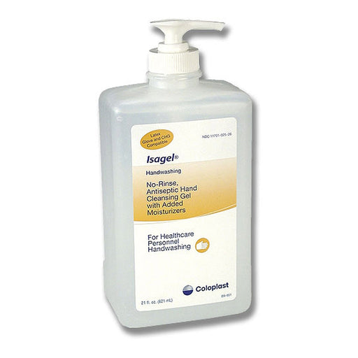 A pump bottle of Isagel handwashing gel sits on a white background. The label indicates it's a no-rinse antiseptic cleansing gel with added moisturizers for healthcare personnel.