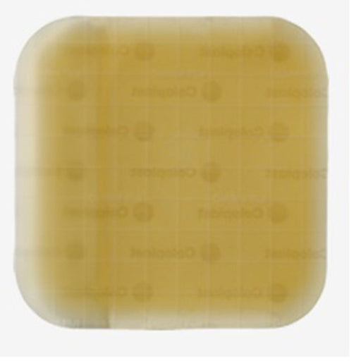 A square, translucent, yellowish medical dressing rests on a white background. The dressing is imprinted with a repeating logo and text: "Collagenase".