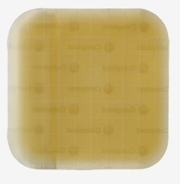A square, translucent, yellowish medical dressing rests on a white background. The dressing is imprinted with a repeating logo and text: "Collagenase".