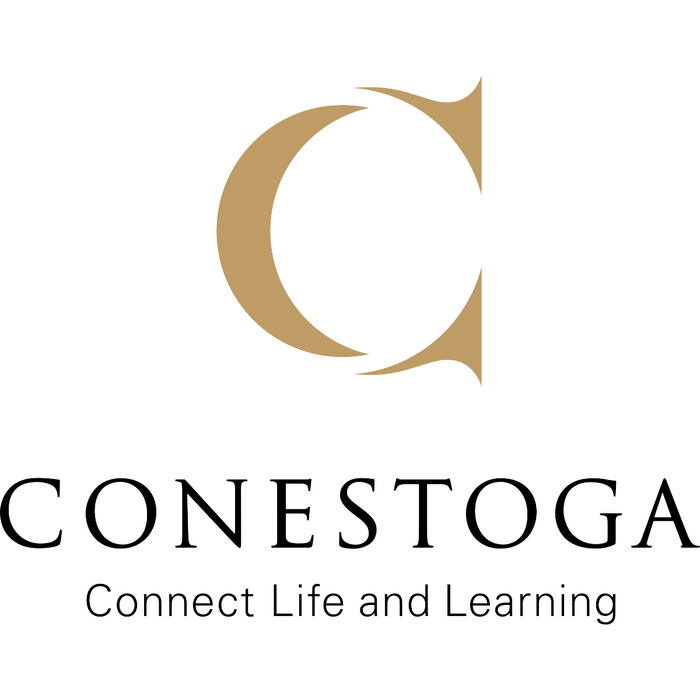 A gold stylized "C" logo represents Conestoga; the text "Connect Life and Learning" is displayed below.