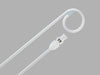 A long, thin, white catheter, curved at one end, lies alongside a smaller, connector piece marked "8.5," against a gray background.