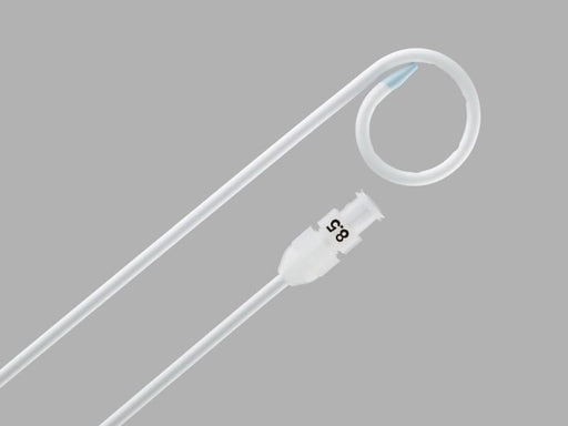 A long, thin, white catheter, curved at one end, lies alongside a smaller, connector piece marked "8.5," against a gray background.