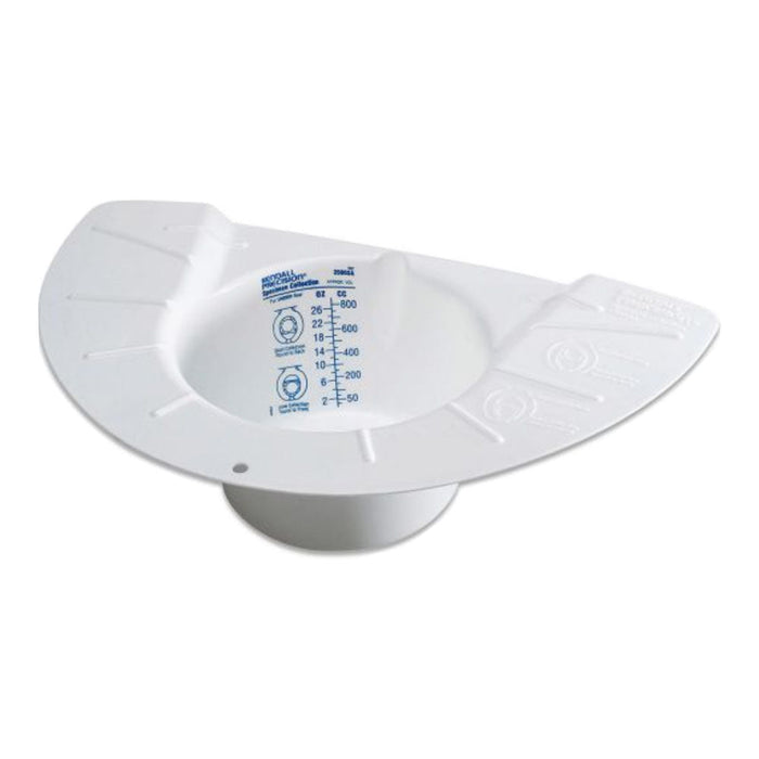 A small, white, plastic receptacle sits on a plain background. It is shallow and slightly curved, resembling a bowl or dish. A small label with indiscernible text is partially visible.