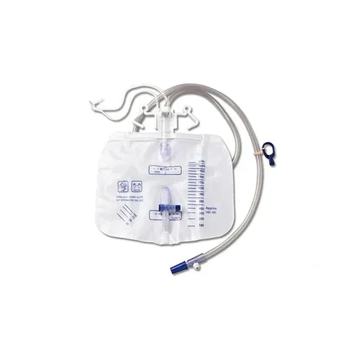 A urine collection bag, with attached tubing, sits on a white background. A graduated scale measures capacity in milliliters.