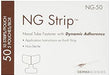 A box of NG Strip™ nasal tube fasteners sits on a surface. Each strip secures a tube, using dynamic adherence. The box contains 50 strips in 5 pouches. Application instructions are included. It is non-sterile. The product number is NG-50.