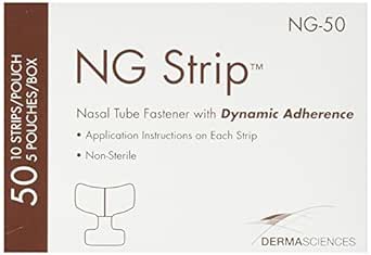 A box of NG Strip™ nasal tube fasteners sits on a surface. Each strip secures a tube, using dynamic adherence. The box contains 50 strips in 5 pouches. Application instructions are included. It is non-sterile. The product number is NG-50.