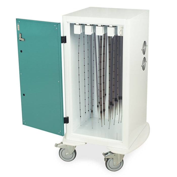 A wheeled cabinet stores numerous long, thin tubes inside; its teal door is ajar.
