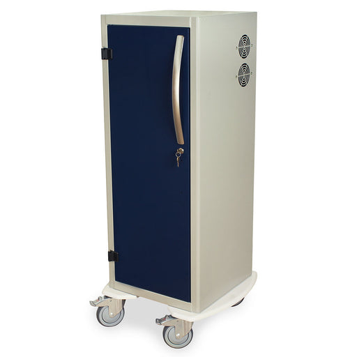 A tall, narrow cabinet with a blue door and silver sides sits on wheels. It has a handle and keyhole, and two small vents on the side.